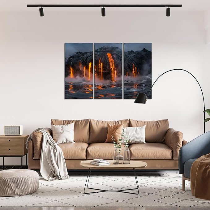 KLVOS - 3 Piece Canvas Wall Art Twilight Flow Sea View of Kilauea Volcano in Big Island Hawaii United States Modern Home Decor Stretched and Framed Ready to Hang - 16"x32"x3 Panels (1 Hawaii Volcano)