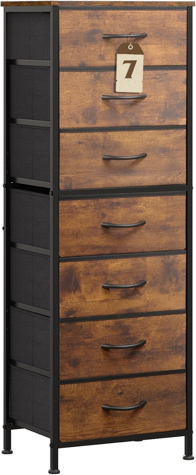 WLIVE Tall Dresser for Bedroom, 7 Drawer Dressers & Chests of Drawers, Fabric Dresser for Closet, Night Stand with Metal Frame, Storage Tower with Fabric Bins, Wood Top, Rustic Brown Wood Grain Print