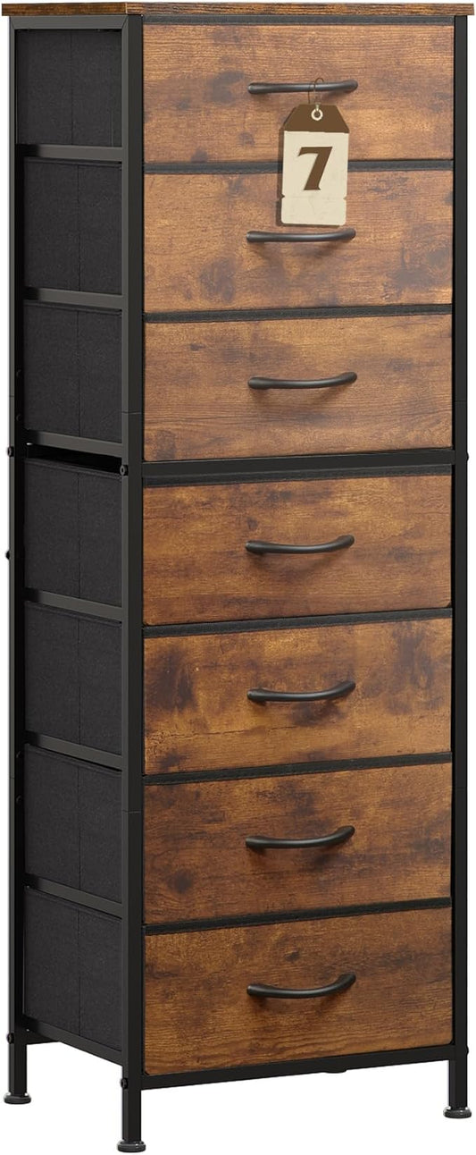WLIVE Tall Dresser for Bedroom, 7 Drawer Dressers & Chests of Drawers, Fabric Dresser for Closet, Night Stand with Metal Frame, Storage Tower with Fabric Bins, Wood Top, Rustic Brown Wood Grain Print