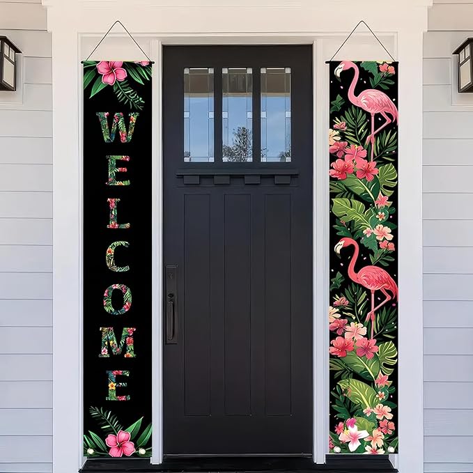2pcs Black Pink Flamingo Door Banner Summer Hawaiian Porch Banners Sign Sunshine Hibiscus Floral Front Door Hanging Decor Banner for Seasonal Home Hawaii Tropical Party Outdoor Decorations