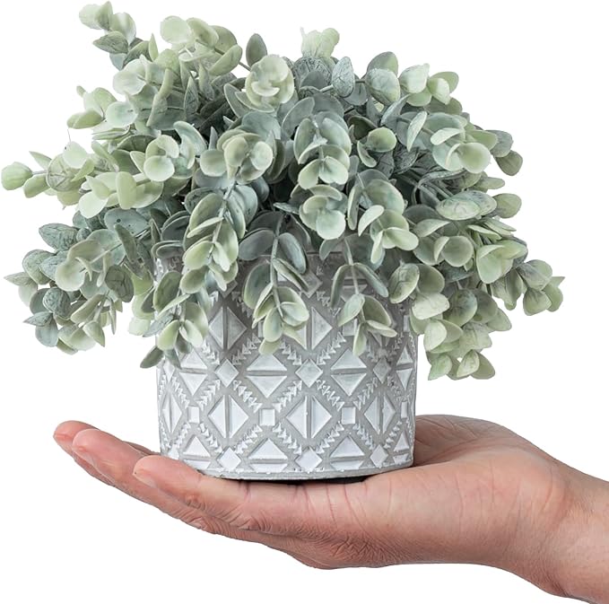 MyGift Artificial Eucalyptus Plant in Modern Gray Concrete Pots with Geometric Embossed Pattern (1, Grey)