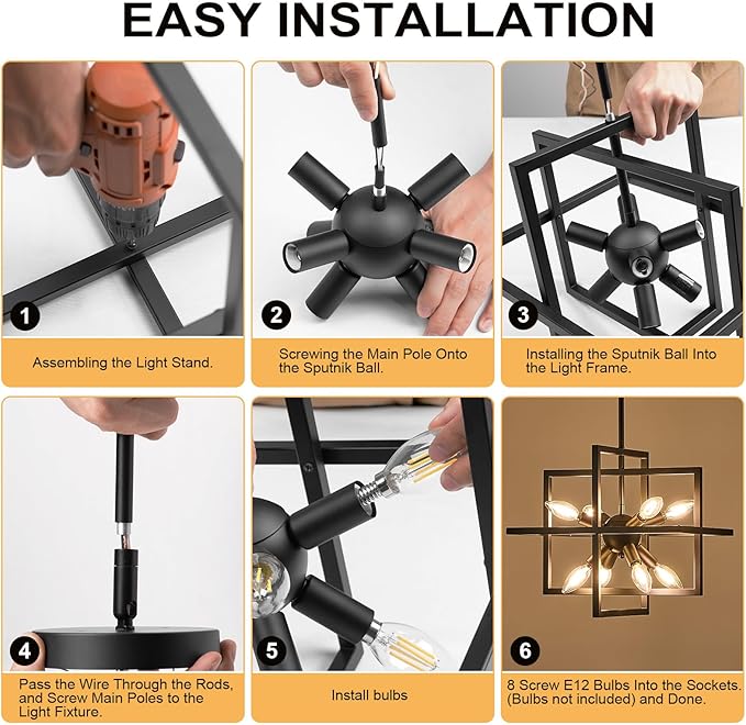 Small Modern Lantern Chandeliers, Geometric Black Pendant Lighting, 8-Light Industrial Hanging Chandelier Light Fixture for Dining Room, Kitchen, Bedroom, Foyer, Entryway, Farmhouse UL Listed