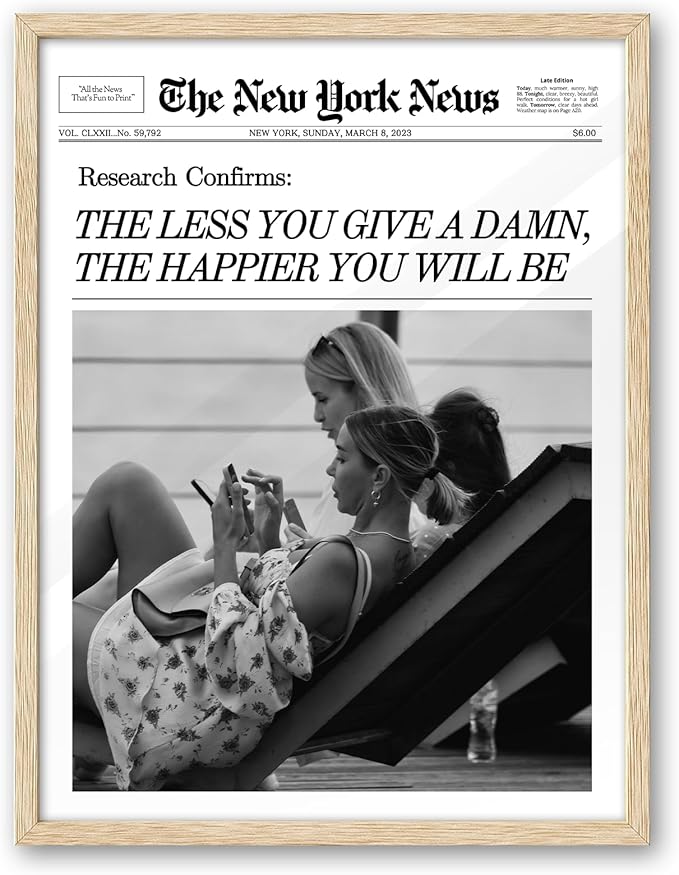 iHery Natural OAK Wood Newspaper Trendy Black White Framed Wall Art, 12x16 in Vintage Headline Canvas Print, Beige Logs Retro Art, The Less You Give a Damn, Set of 1 Apartment Decor College Dorm