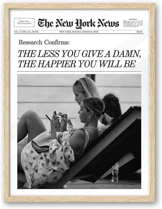 iHery Natural OAK Wood Newspaper Trendy Black White Framed Wall Art, Large 16x20 in Vintage Headline Beige Canvas Wall Art, The Less You Give a Damn, Set of 1 Apartment Bedroom Decor College Dorm