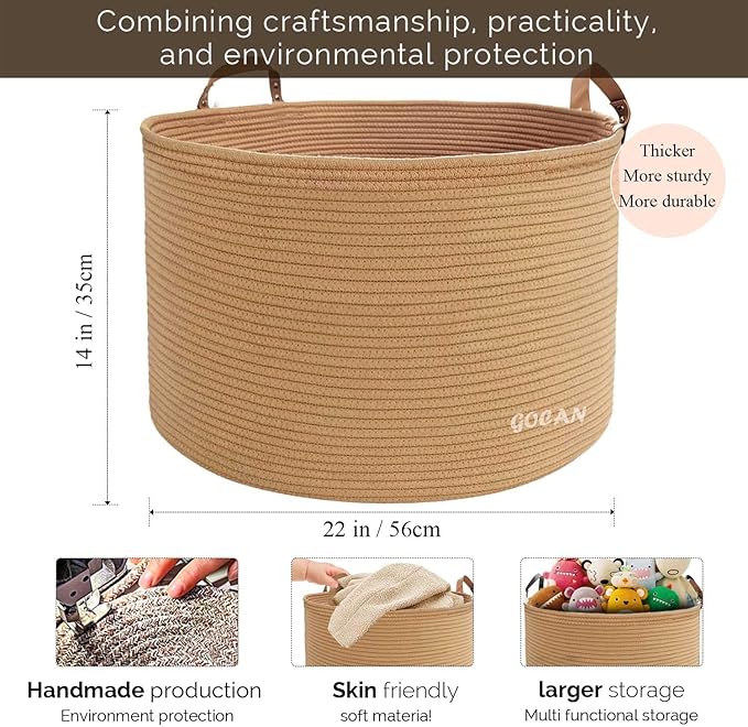 Extra Large Storage Laundry Basket 22" X 22"X 14" Cotton Rope Woven Basket for Blanket Basket with Handles for Living Room Toys Storage XXXL (Pure Jute)