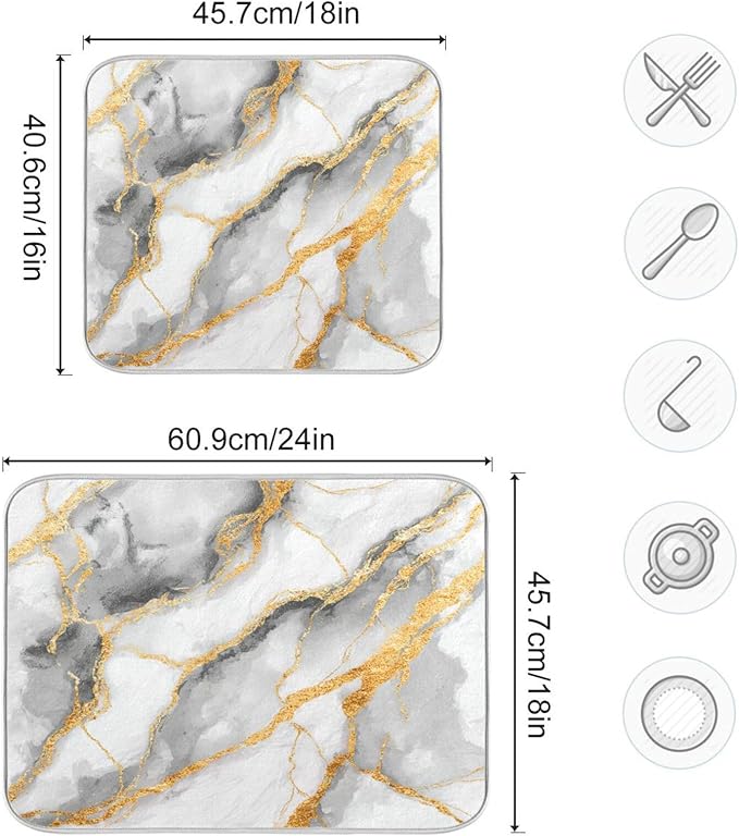 White Marble Dish Drying Mat for Kitchen Counter 18 x 24 Inch Gold Marbling Granite Absorbent Microfiber Dry Dishes Mats Drainer Mat Dish Drying Pad for Countertops