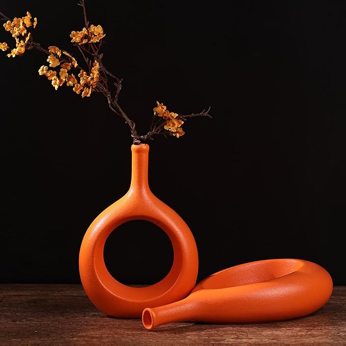Orange Ceramic Hollow Elliptical Vase Set of 2 - Boho Circle Vase with Hole, for Modern Orange Table Decor, Living Room Decor Shelf mid Century Modern Home Entrance Decorative vase