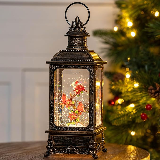 Christmas Snow Globe Water Glittering Cardinal Lantern with Music & Timer, USB Lined/Battery Operated Lighted Lantern for Christmas Festival Decoration Gifts