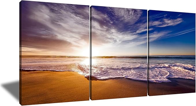 Landscape Wooden Framed Canvas Wall Art Beach Sunset Posters Print Summer Seascape Painting Artwork for Modern Home Living Room Dinning Room Hotel Picture Wall Decoration Ready to Hang [60''W x 28''H]
