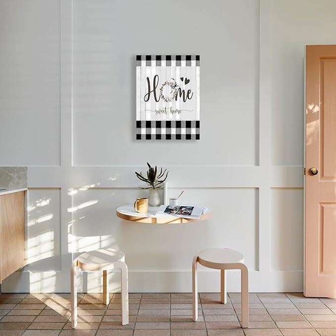 Black and White Canvas Wall Art 12x16in Sweet Home Wall Decor Rustic Plaid for Home Office Bathroom Bedroom Decor Canvas Wall Art