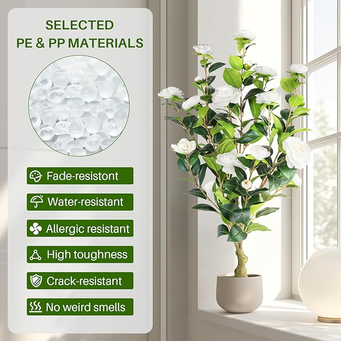 Artificial Camellia Tree 2 Pack, 3FT Faux Camellia Plant in Pot, 36 inch Fake Potted Camellia Flower Tree Plastic Camellia Tree for Modern Home Office Living Room Floor Decor Indoor, White