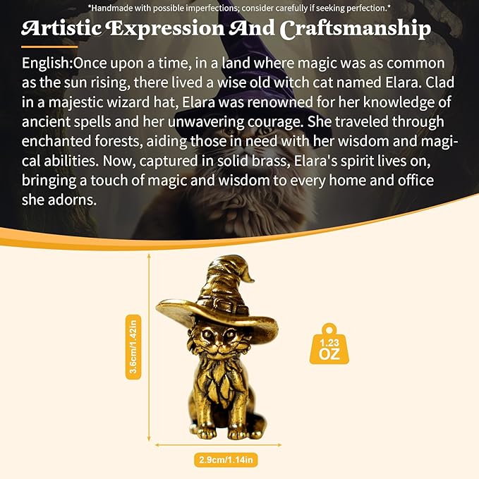 CHOVY Retro Handcrafted Witch Cat Ornament - 100% Solid Brass Desk Decor | Enchanting Feline Sculpture with Wizard Hat Unique Gift for Cat Lovers & Magic Enthusiasts