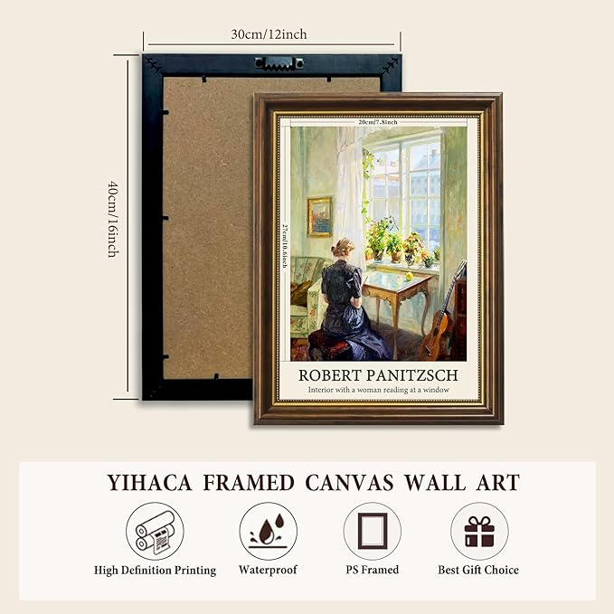 Yihaca Vintage Women Wall Art, a Woman Reading at a Window Paintings Decor Aesthetic,Vintage Brown Framed Canvas Print Artwork, Retro Portrait Wall Pictures for Bedroom Living Room,12x16inch