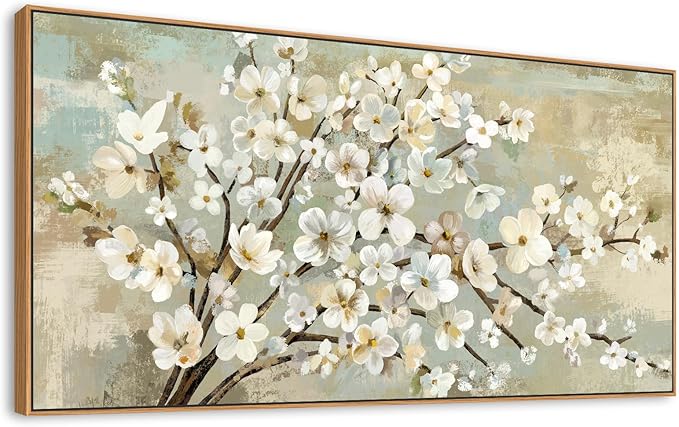 arteWOODS Flowers Framed Wall Art - Beige Flower Branches Canvas Pictures Wall Decor Rustic Brown Botanical Painting Artwork Elegant Floral Prints for Living Room Bedroom 40 x 20in Natural Wood Frame