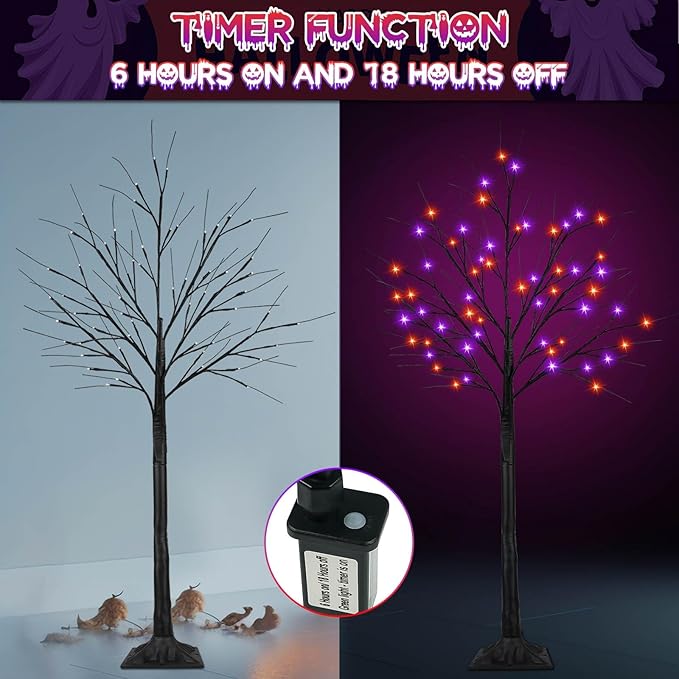 2Pack 5FT 200LED Black Halloween Tree with Lights, Timer Function with Higher Size Black Tree with Purple and Orange Lights, Spooky Light up Trees for Indoor Outdoor Party Garden Halloween Decorations