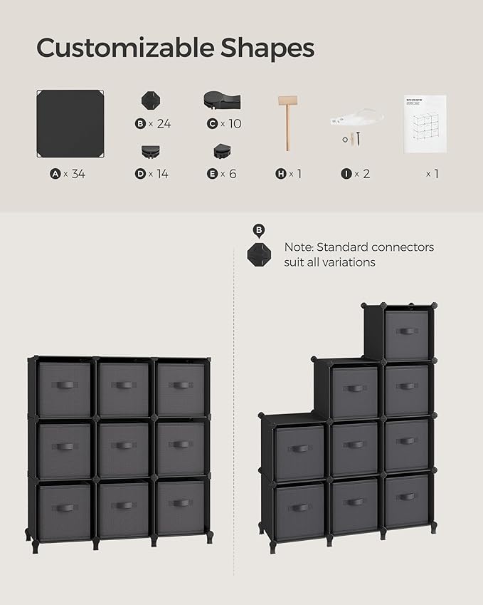SONGMICS Cube Storage Organizer with Storage Boxes, Set of 9-Cube Organizer, 9 Collapsible Non-Woven Fabric Bins, Customizable, Space-Saving, Bedroom, Ink Black and Dove Gray ULPC092B01