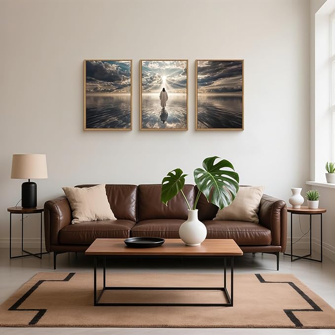 HPNIUB Jesus Canvas Wall Art Set, Jesus Walking On Water Framed Wall Decor Christian Religious Modern Serenity Prayer Art Prints Artwork for Living Room,Bedroom,Farmhouse,Prayer Room-24 x36 x3