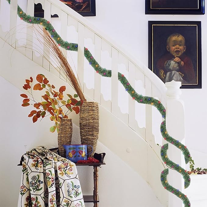 WATERGLIDE 49FT Lighted Christmas Green Garland with 100 Count Multicolor String Lights, Pre-lit Long Artificial Greenery Garlands, Plug in Holiday Decorative Lights for Indoor Outdoor Decor