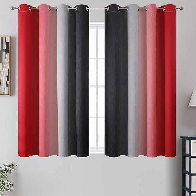 Estelar Textiler Ombre Red and Black Curtains 45 Inch Length 2 Panels, 100% Blackout Curtains for Living Room, Grommet Thermal Insulated Drapes, Full Light Blocking Curtains for Bedroom, 52x45 Inch