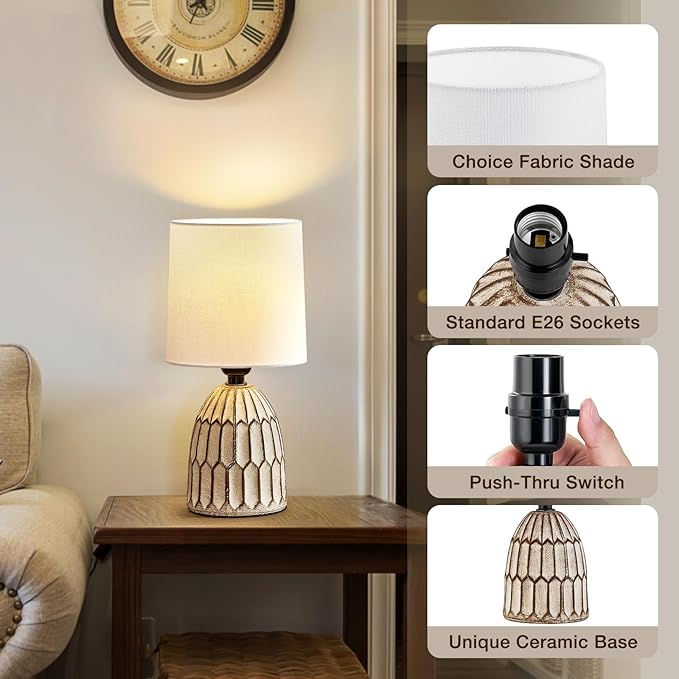 Table Lamps Set of 2-13.5" Small Boho Lamp - Bedside Lamps - Farmhouse Rustic Ceramic Table Lamp for Bedroom, Living Room, Nightstand, Office, Side Desk Lamp, End Table Lamp
