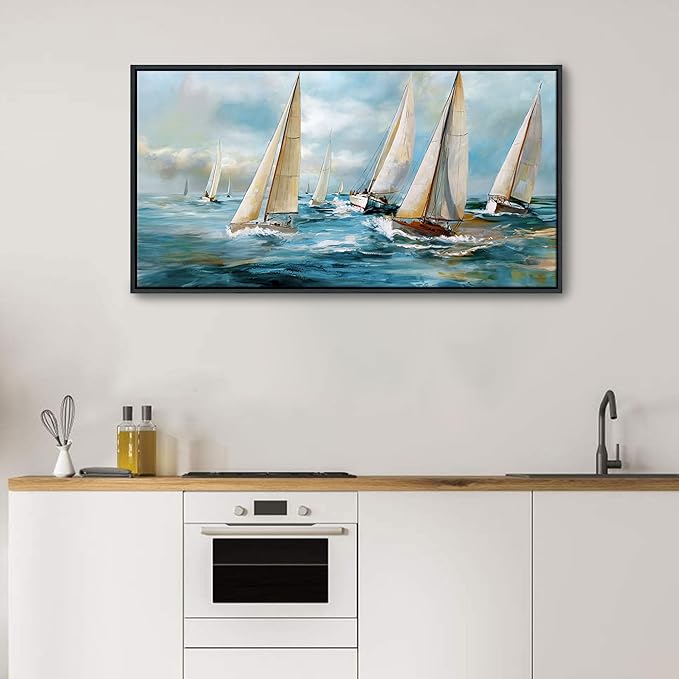 YDYSUNE Sailboat Wall Art - Blue Canvas Abstract Painting Textured Picture Artwork Vintage Nautical Large Painting Coastal Modern Print Frame for Living Room Bedroom Home 20x40inch