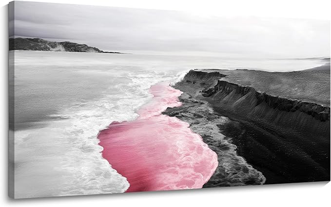YCPRIMER Pink Canvas Wall Beach Black and White Picture for Living Room Largre Artwork for Wall Coastal Ocean Seascape Painting bedroom Wall Decor Above Bed 29×58IN