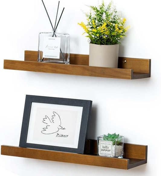 16 Inches Floating Shelves for Wall, Solid Pine Wood Picture Ledge Shelves, Walnut Wall Shelves with Lips, Nursery Book Shelves for Toys Storage Living Room Bedroom Photo Frames (2 Pcs, Walnut)