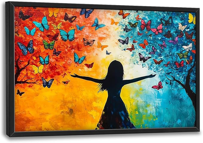 Framed Large Wall Art for Living Room, Colorful Butterfly Tree Canvas Wall Decor, Large Picture Framed Painting, Modern Artwork for Bedroom Office Home Decor 36L'' × 24W''