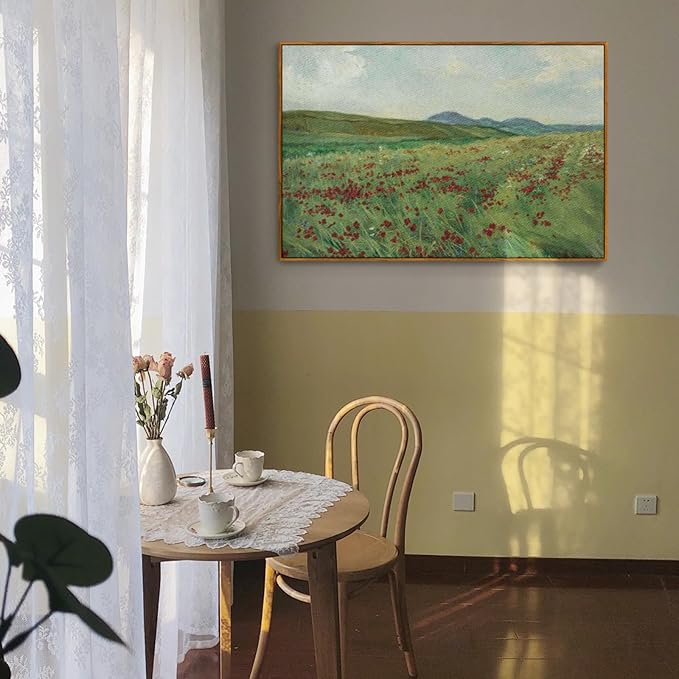 crmotu Framed Canvas Wall Art, Hillside Landscape Art Prints, Flower Field Vintage Decor Pictures, Nature Scenery Wall Paintings for Living Room Bedroom Bathroom Rustic Farmhouse Kitchen Decor 16x24in