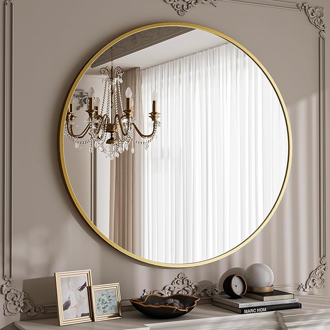 BEAUTYPEAK 40 Inch Round Mirror, Metal Frame Circle Mirror, Wall Mounted for Entryway, Bathroom, Vanity, Living Room, Gold