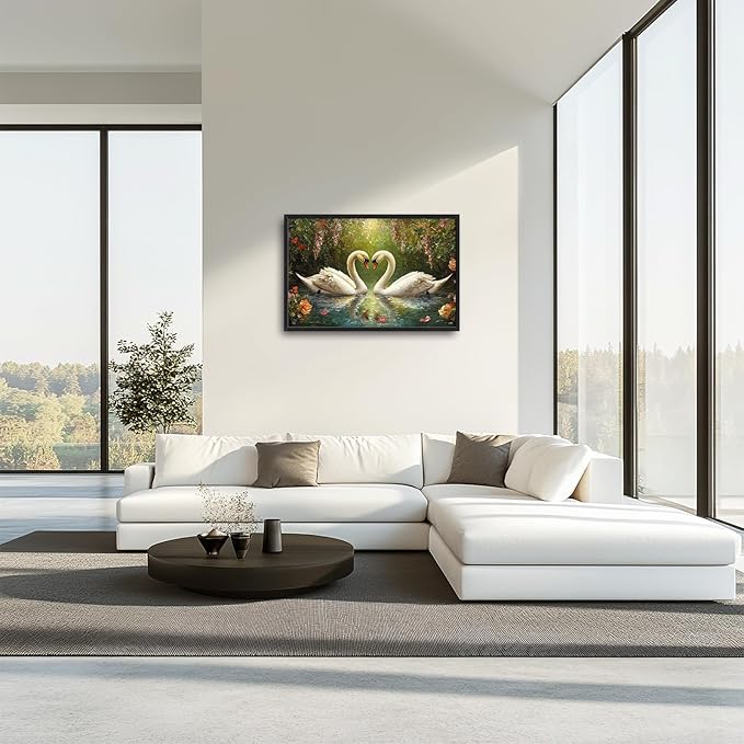 Swans Framed Wall Art for Living Room, Large Lake Loving Swans Canvas Wall Decor, Country Animal Pictures Painting, Natural Landscape Modern Artwork for Bathroom Bedroom 36L'' × 24W''