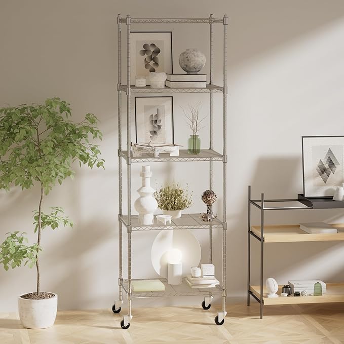 Garage Shelving with Wheels, 5 Tier Shelving Unit and Adjustable Feet, 865 lb High Capacity Rolling Storage Shelf for Kitchen, Office, Dining Room, Garage(23.6"x 17.7"x 72"), Chrome