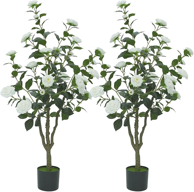 4ft Artificial Camellia Tree with White Silk Flowers - Realistic Faux Flowering Plant for Indoor/Outdoor Decor, Home Staging & Wedding Centerpieces Set of 2