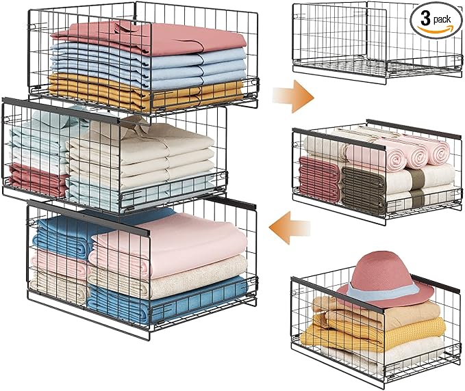 JKsmart 3-Tier Stackable Closet Organizers and Drawer Storage Shelves - Sliding Storage Bins for Jeans, Pants, and Sweaters - Wardrobe Cupboard Organizer for Closet Organization-Black