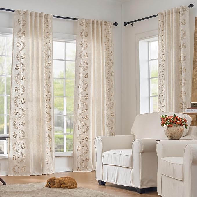 jinchan Belrose Lined Linen Blend Curtains Boho Floral Curtains for Bedroom 84 Inch Length Beige Embroidered Drapes Rod Pocket Farmhouse Flower Drapes for Living Room Window Treatments Set 2 Panels