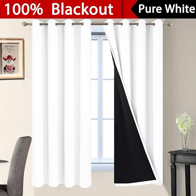 Yakamok White 100% Blackout Curtains, 2 Thick Layers Full Light Blocking Thermal Insulated Drapes with Black Liner for Bedroom(52Wx63L, Pure White, 2 Panels)
