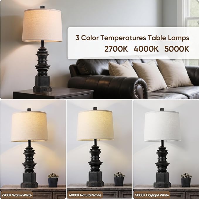 QiMH Table Lamps for Nightstand Set of 2, Bedside Lamp with USB A+C Charging Ports, Farmhouse Table Lamp with Linen Lampshade, Lamps for Living Room, Bedroom Lamps with LED Bulbs, Black