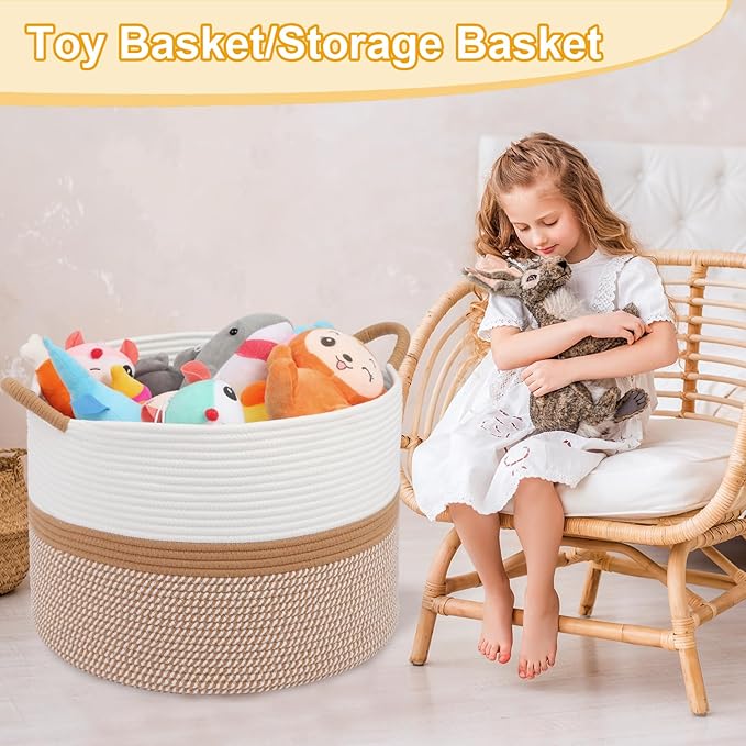 Laundry Basket,Laundry Hamper,20''x13''Woven Cotton Rope Blanket Basket in Living Room;Toy storage;Nursery hamper,Pillows,Girls Kids Baby Toy chest,Baskets for storage,Decor (White/Brown)