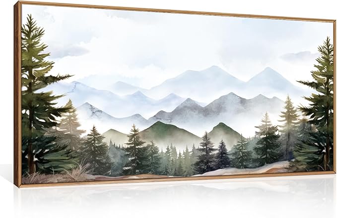 KAIRNE Framed Mountain Canvas Wall Art Set, Misty Forest Wall Decor, Green Pine Tree Wall Painting, Nature Widerness Landscape Art Print for Living Room, Bedroom, Study, Gallery - Large Size 20"x40"