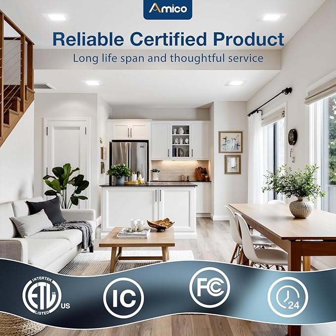 Amico 6 Pack 6 Inch Ultra-Thin LED Square Recessed Light with Junction Box, 5CCT 2700K/3000K/3500K/4000K/5000K Selectable, 1050LM Brightness, Dimmable Canless Wafer Downlight, 12W, ETL&FCC