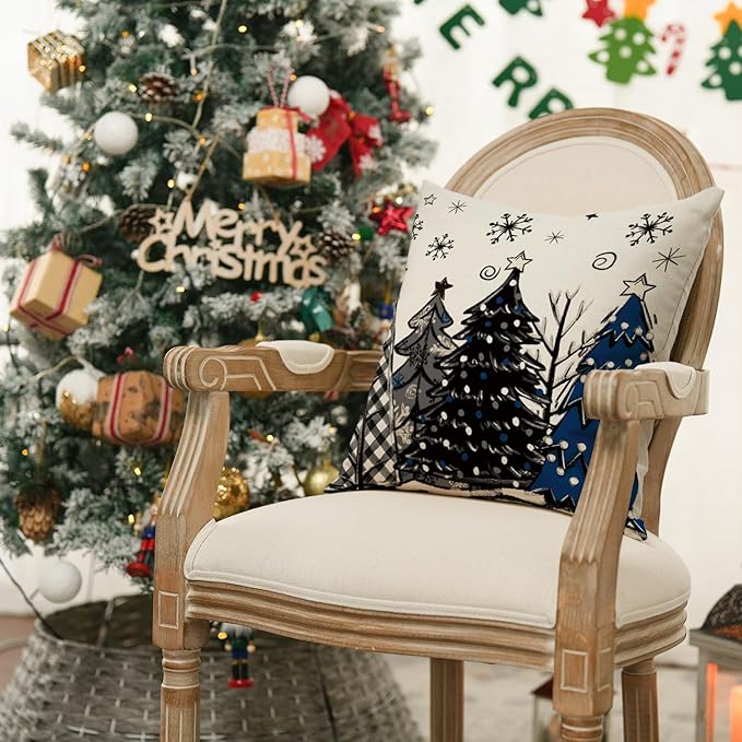 AVOIN colorlife Merry Christmas Joy Xmas Trees Blue and Black Throw Pillow Covers, 20 x 20 Inch Christmas Winter Holiday Cushion Case Decoration for Sofa Couch Set of 4