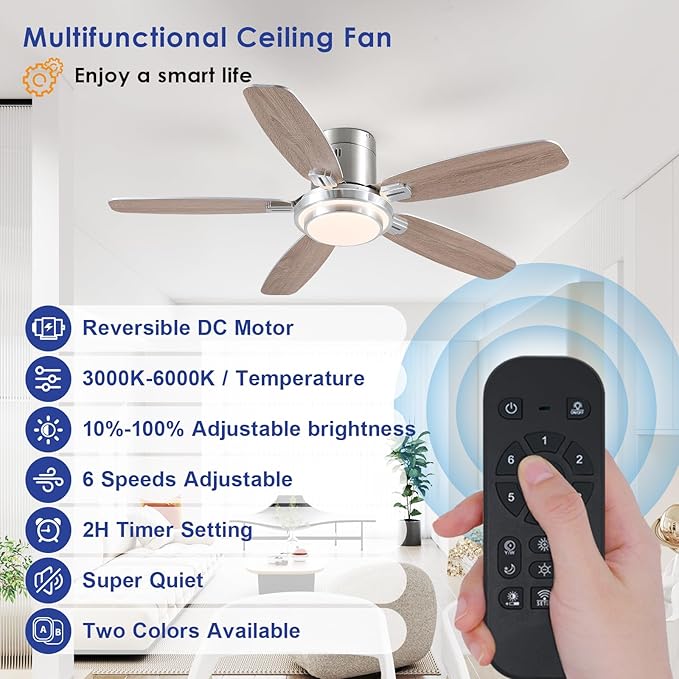 Low Profile Ceiling Fan with Lights and Remote/APP, 50 Inch Modern Flush Mount Ceiling Fan with 3CCT 6-Speeds Quiet DC Motor,Dimmable 3-Color Temperatures for Living Room Bedroom(Nickel)