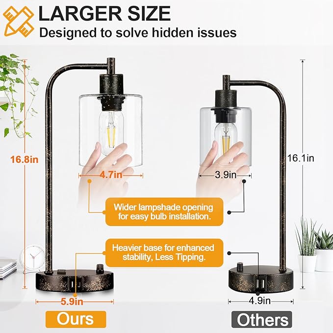Set of 2 Industrial Table Lamps with USB Port, Rustic Black Fully Stepless Dimmable Bedside Lamps for bedrooms, Nightstand Desk Lamps with Clear Glass Shade for Reading Living Room Office 2 LED Bulb