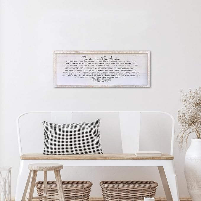Surfapans The Man In The Arena Wall Decor 40"x15" Morden Office Motivational Wood Framed Sign For Men Large Farmhouse Living Room Inspirational Quotes Positive Speech Home Wall Decoration (White)