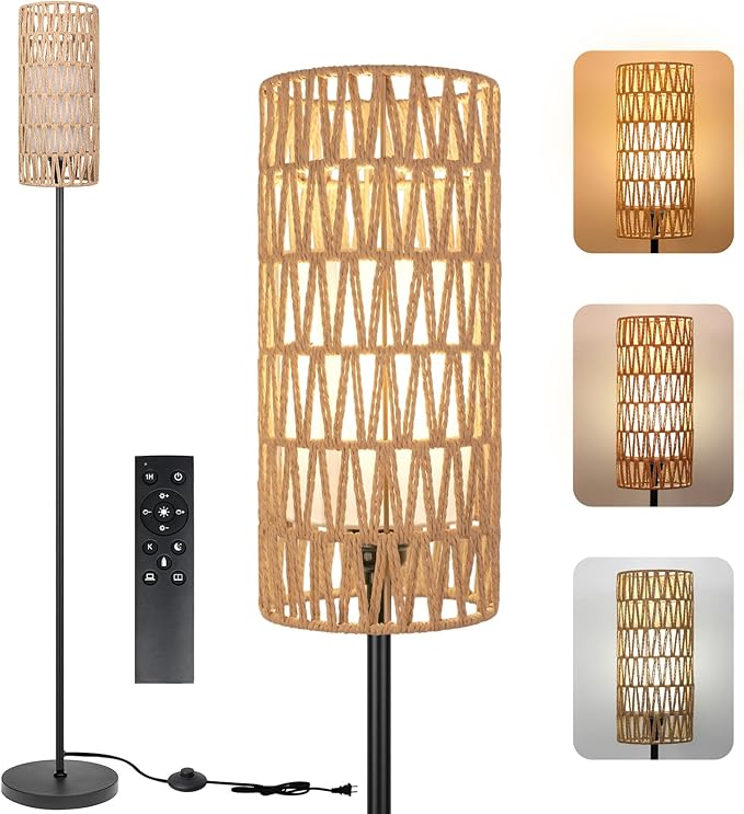 Floor Lamp for Living Room,Farmhouse Rattan Floor lamp,Modern Standing lamp with Dimmer LED Bulb,Black Tall Lamp with Remote Control