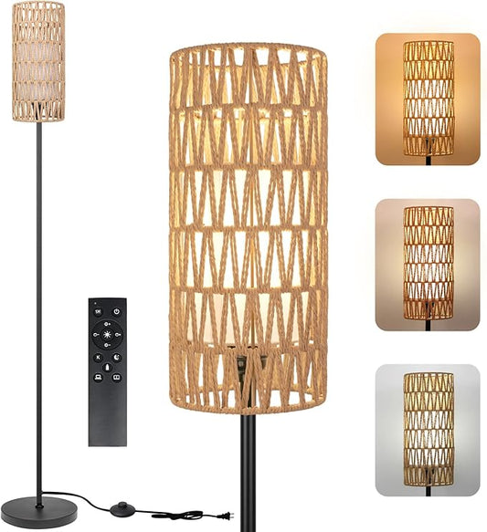Floor Lamp for Living Room,Farmhouse Rattan Floor lamp,Modern Standing lamp with Dimmer LED Bulb,Black Tall Lamp with Remote Control