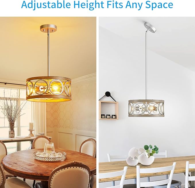XINGQI 13" Rustic Drum Pendant Lighting Fixture Modern Chandelier 3-Light Height Adjustable Ceiling Lamp for Dining Room Kitchen Island Living Room Bedroom Foyer Hallway, Brushed Nickel