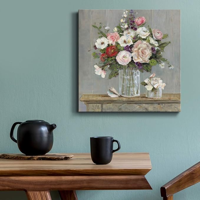 Wexford Home Square Premium Gallery Wrapped Canvas Flower Multicolor Wall Art Abstract Floral Romance Modern Pictures Print for Home Office, Ready to Hang, cottage collection, 16x16