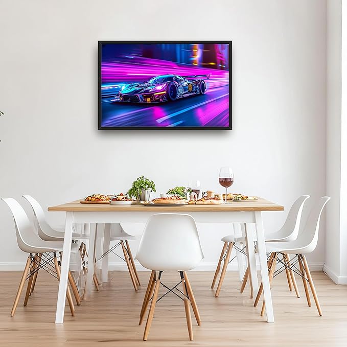 Flintis Large Racing Car Framed Wall Art Neon Race Supercar Pictures Wall Decor Abstract Colorful Car Canvas Painting Print Artworks Decor Framed for Living Room Bathroom Master Bedroom 36L X 24W