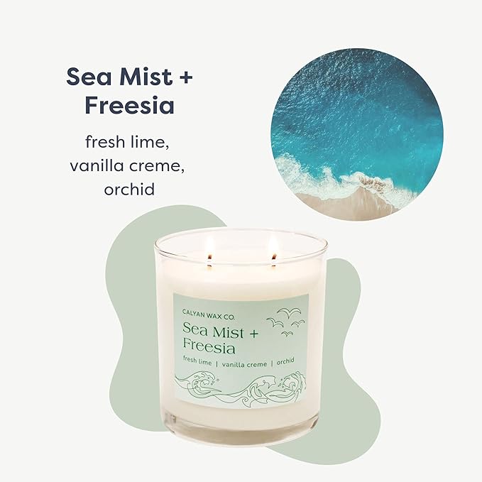 Calyan Wax Co. 2 Wick Candle, Sea Mist + Freesia Scented Candle, 37 Hour Burn Time, Aromatherapy Soy Candles, Non Toxic & Vegan Soy Wax, Glass Tumbler Scented Candles, 12.5oz
